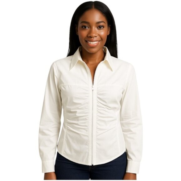 Kay Unger Size 14 White Front Zip Ruch Detail Cotton Lightweight Jacket - Picture 1 of 8